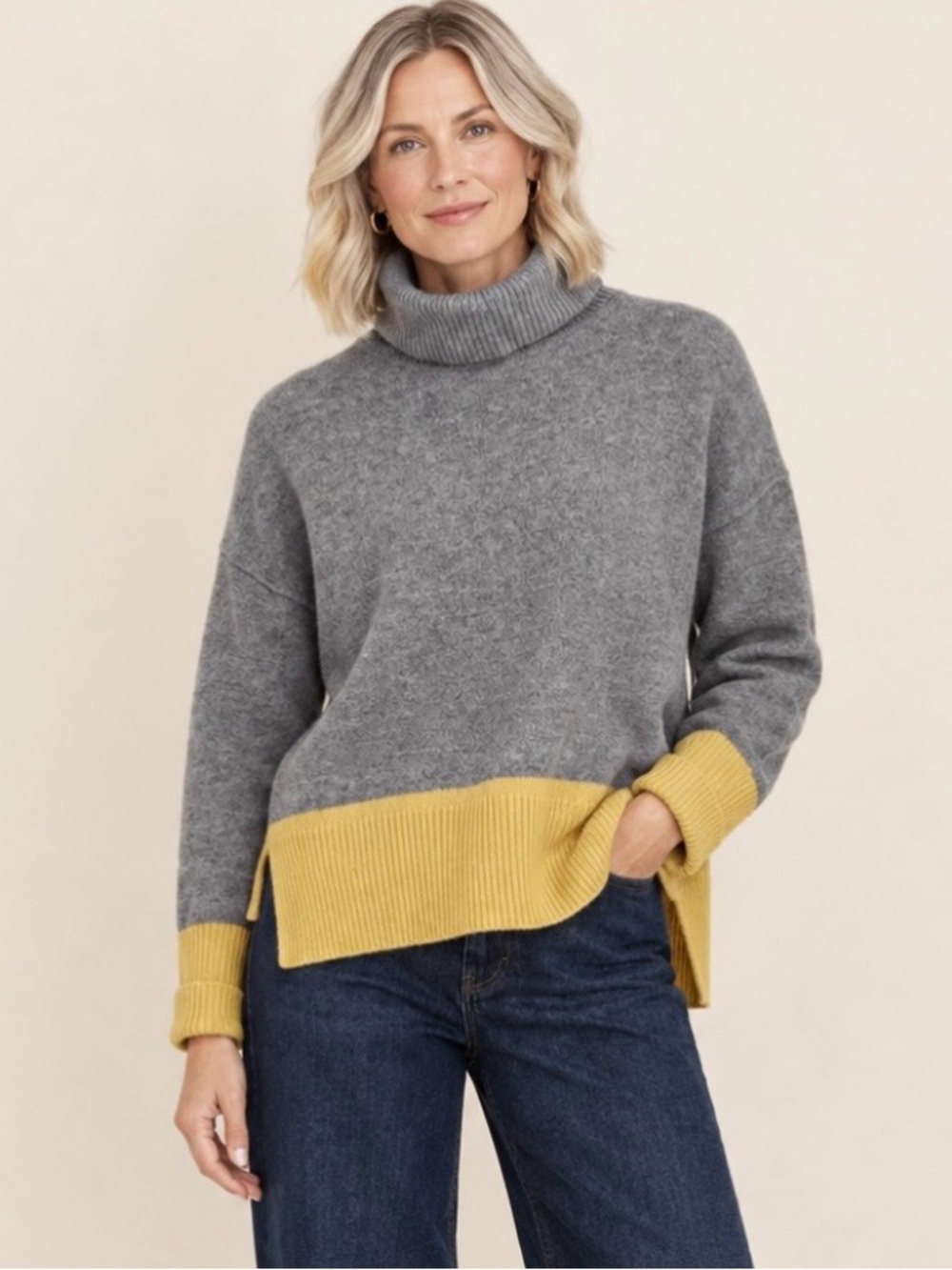 Cashmere Colour Blocked Turtleneck Sweater M Grey Yellow Max Studio Quiet Luxury
